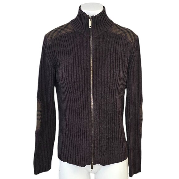 Burberry London Womens Merino Wool Zip Up Sweater Small Elbow Patch Nova Check - Picture 1 of 11